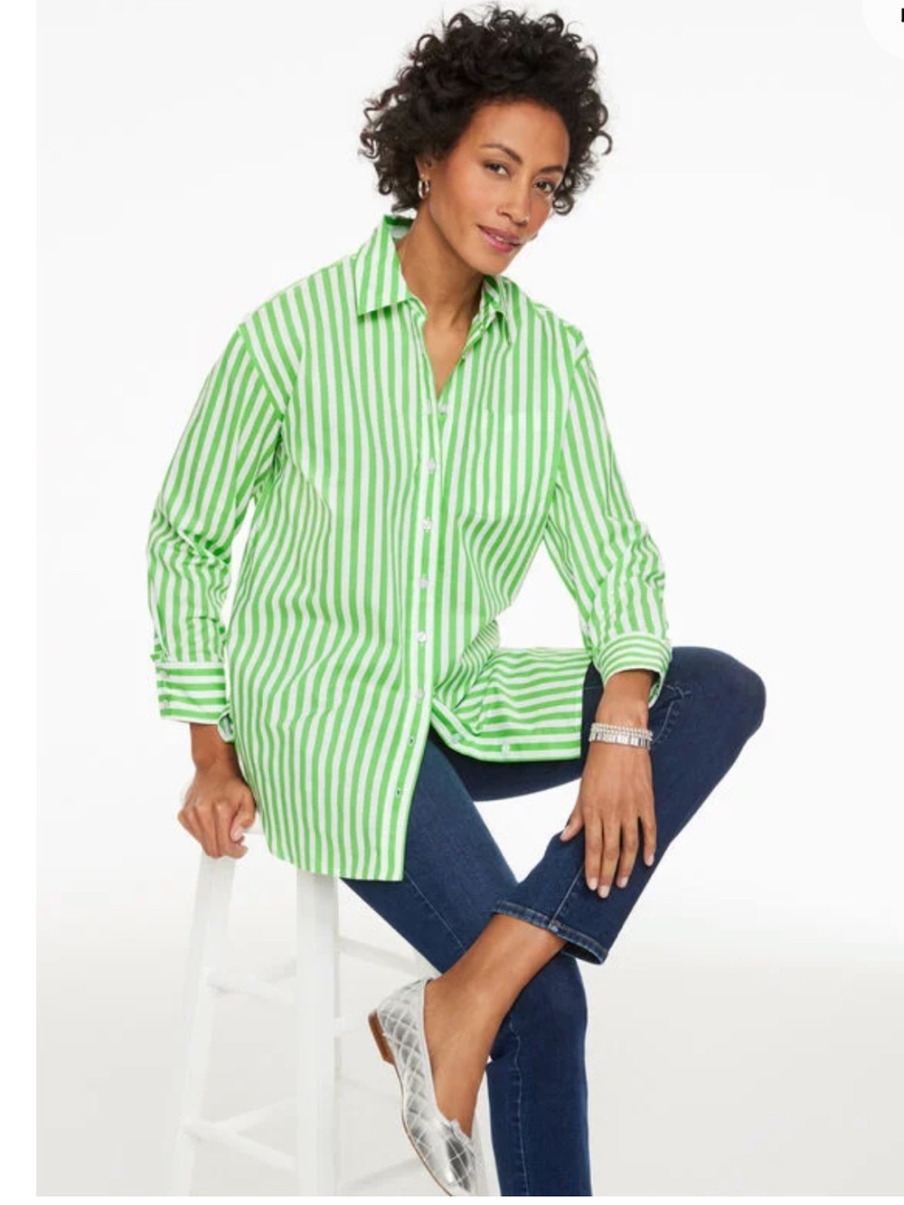 Talbots Everyday Relaxed Shirt Airy Stripe Fresh Lime/White Size M